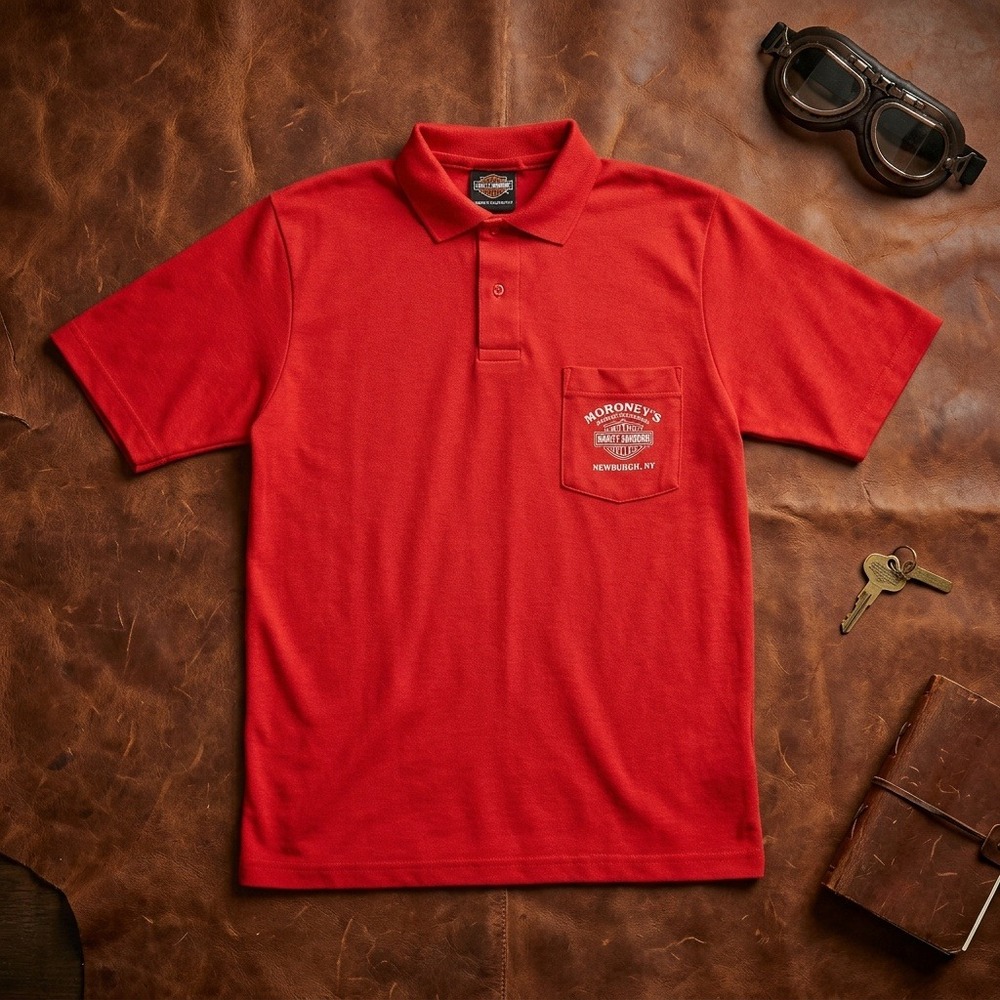 Vintage Harley Davidson Polo Shirt Men Medium Red Pocket Moroneys Newburgh NY